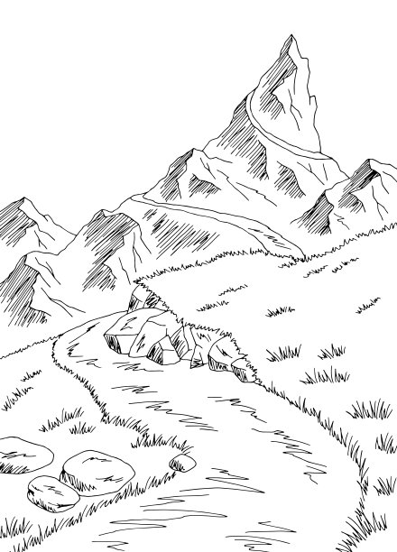路到山顶的山路图形黑白垂直景观素描插图矢量图片下载