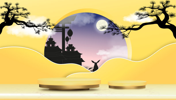 中秋皓月当空，枝繁叶茂，讲台陈列，金柱立于大理石地板。矢量3D背景旗帜的传统庆祝在东亚社区图片下载
