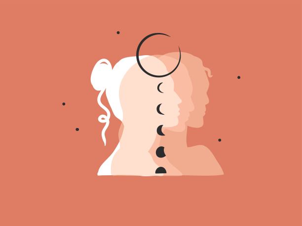 手绘矢量抽象股票平面图形插图与标志元素，波西米亚魔术艺术的新月，女人的轮廓和月相在品牌的简单风格，孤立的颜色背景图片下载