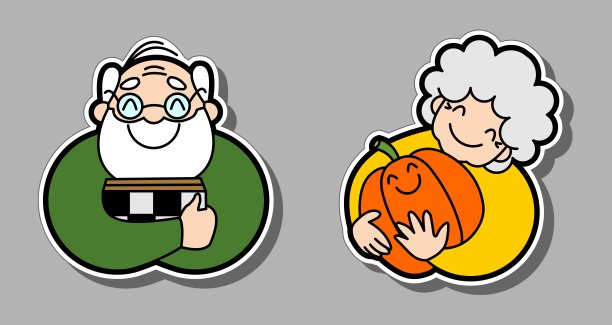 矢笑的老人。爷爷是个棋手。园丁奶奶抱着一个南瓜。老婆婆和老头儿，老人家。头像，图标，贴纸，海报，织物，纺织品。图片下载