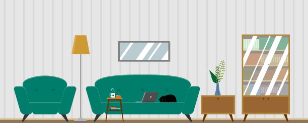 矢量客厅内部用家具。舒适的椅子，沙发上的笔记本电脑，在家工作，书架，室内植物，台灯，咖啡桌，猫。平面风格矢量插图。图片下载