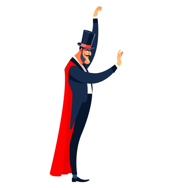 公司的魔术师。商人穿着红色的斗篷和一个大的魔术师的帽子显示在一个白色的背景上的东西。邀请去表演。最佳性能。卡通人物矢量插图孤立。图片下载