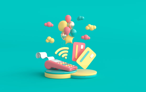 POS机，讲台上的信用卡，气球，wifi符号，云。网上购物和交付概念3d渲染图片下载