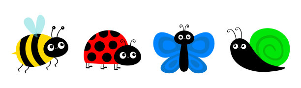 蜜蜂大黄蜂，蝴蝶，蜗牛耳蜗，瓢虫瓢虫飞行昆虫图标设置。可爱的卡通卡哇伊有趣的婴儿角色。瓢虫。情人节快乐。平面设计。白色背景。图片下载