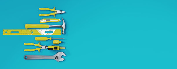 3D渲染，许多黄色的手工具在蓝色的背景，有你的广告空间。图片下载