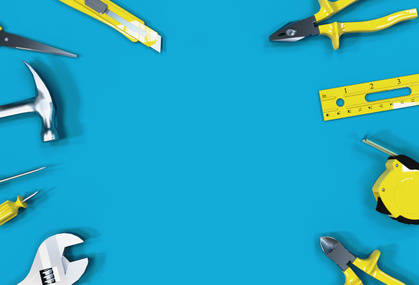 3D渲染，许多黄色的手工具在蓝色的背景，有你的广告空间。图片下载