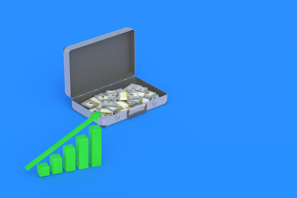 带着向上箭头的航海图旁边装满钱的箱子。投资回报的增长。增加工资、收入、扣减。增加社会援助。副本的空间。三维渲染图片下载