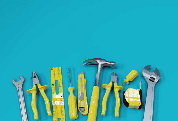 3D渲染，许多黄色的手工具在蓝色的背景，有你的广告空间。图片下载