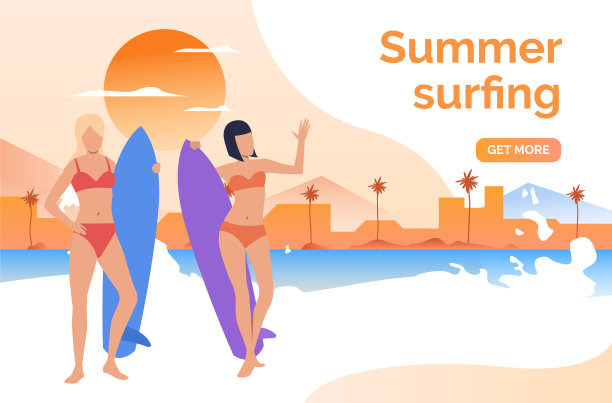 两个穿着泳衣，带着冲浪板的女孩图片下载