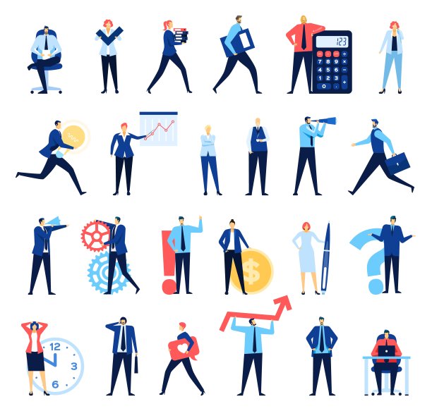 业务办公室的角色。公司办公室经理和员工。坐在办公桌前的商人。男性和女性员工在工作矢量集图片下载