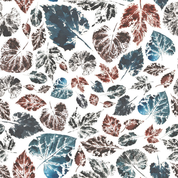 可爱的叶子图案在白色的背景上，用墨水手工打印。图片下载