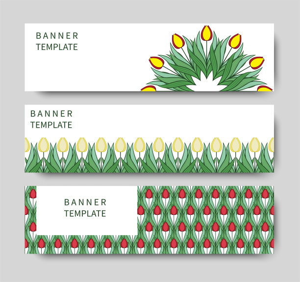 一组横幅与花和郁金香的叶子。布局与文本的位置。现代广告设计。向量图片下载