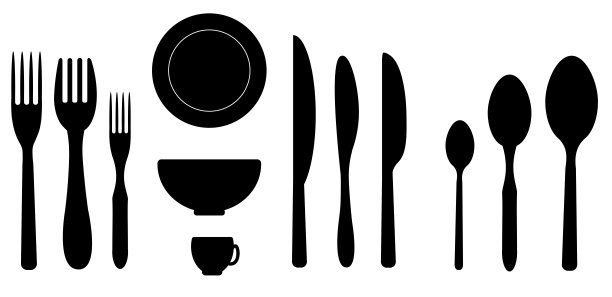 叉子、勺子、刀、盘子、杯子。餐具套标，厨房用具，用于接待餐桌摆设记录。咖啡馆、餐厅的标志。矢量平面插图。图片下载