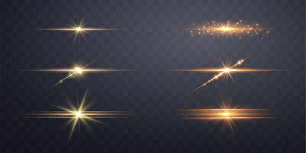 金色横向镜头光晕效果，独立透明背景，含光束、金色聚光灯和散景的太阳闪光，黄色光晕效果矢量图图片下载