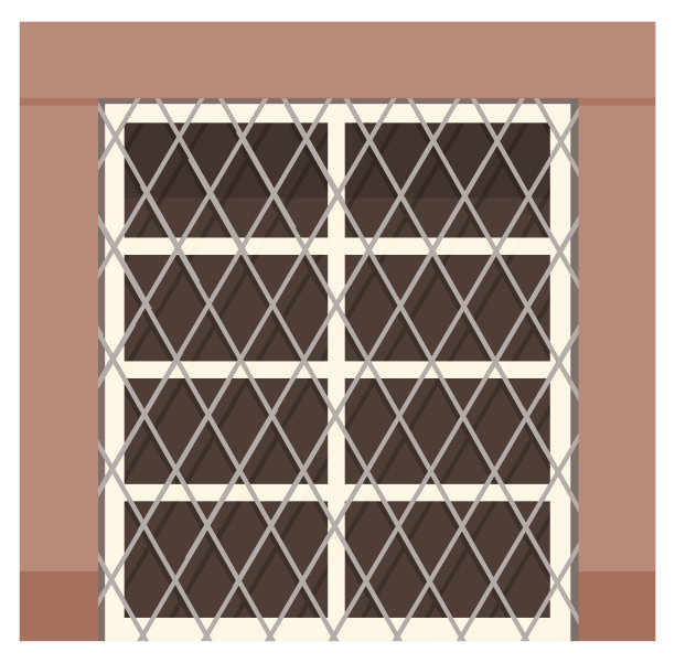 透明的双塑料窗户与金属网在棕色墙壁平面矢量插图图片下载