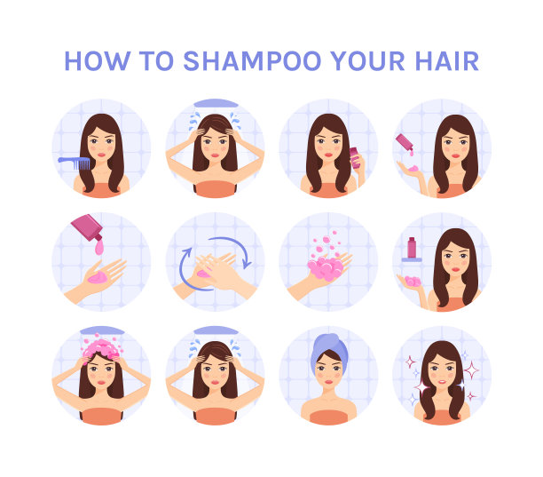 一组年轻的黑发女孩在淋浴下洗头发，用洗发水，毛巾。步骤。清洁头部。如何用洗发水洗头。圆形。平色卡通风格。白色背景。向量。图片下载