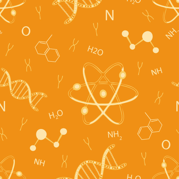黄色背景上有DNA和原子的无缝载体图案。化学学生壁纸设计。装饰科学时尚纺织品。图片下载