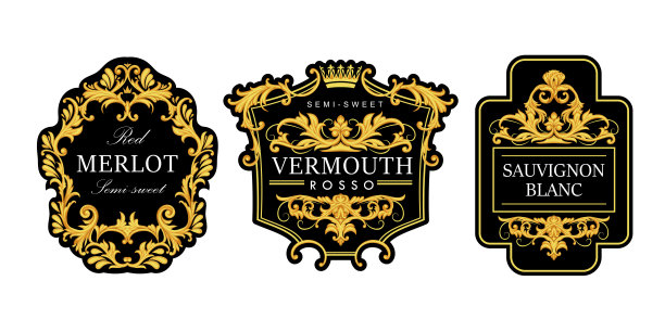 一套优雅的葡萄酒标签与金色卷轴图片下载