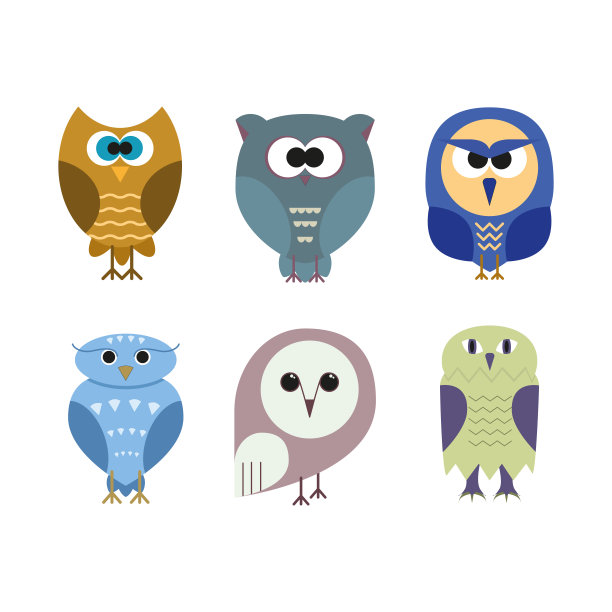 一组平猫头鹰在白色。图片下载