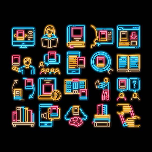 阅读图书馆的书霓虹辉光图标插图图片下载