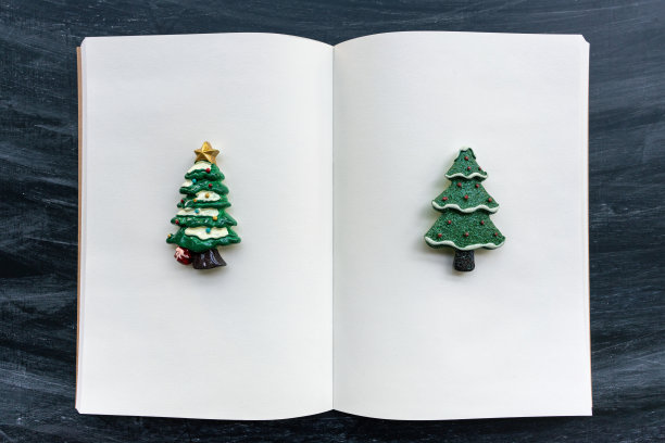 空白笔记本和圣诞装饰在黑板上图片下载