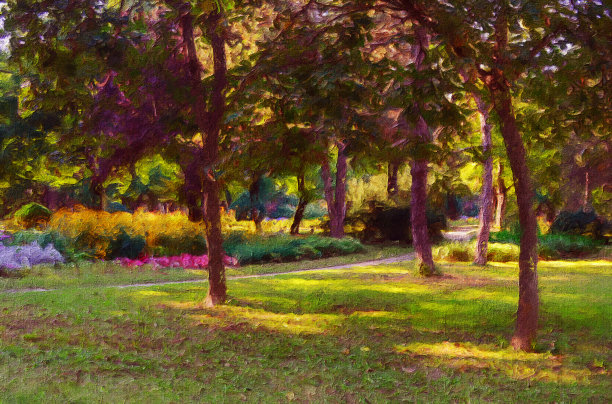 描绘春天公园的油画山水画图片下载
