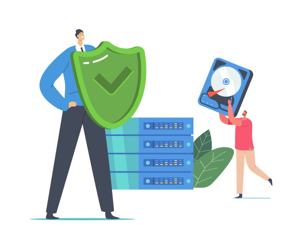 数据备份现代技术，Raid概念。微小的程序员字符与盾牌和硬盘在巨大的Pc块图片下载