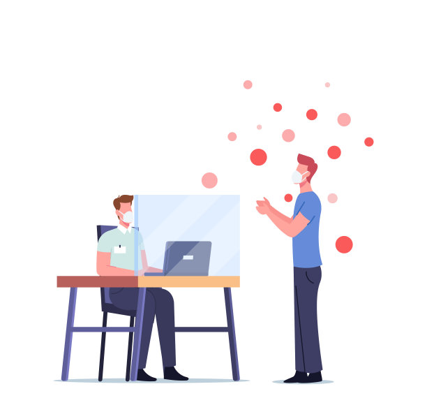 戴口罩的男子参观银行，工作人员坐在玻璃后面以避免感染流感。传染细胞飞行图片下载