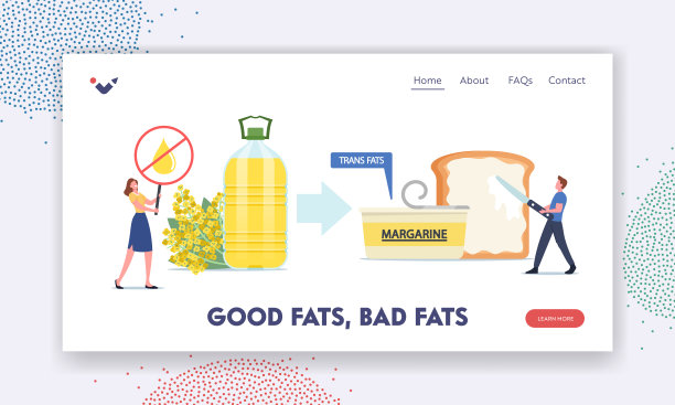 好和坏的脂肪登陆页面模板。不健康的反式脂肪饮食，微小的男性角色把人造黄油放在大吐司上图片下载