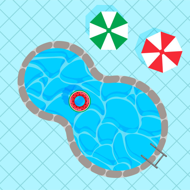 游泳池里有五颜六色的救生圈，海滩伞上有方形的蓝色瓷砖。图片下载