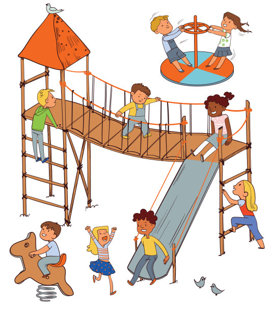 孩子们在操场上。有趣的卡通人物图片下载