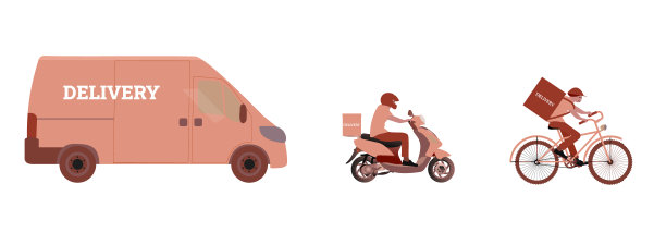 网上订餐和食品快递概念。卡车，摩托车和自行车的快递员。配送服务理念。平面设计。红颜色。孤立背景上的股票矢量插图。图片下载