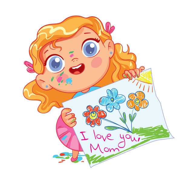 女孩给妈妈画了一幅画。女孩手里拿着画图片下载