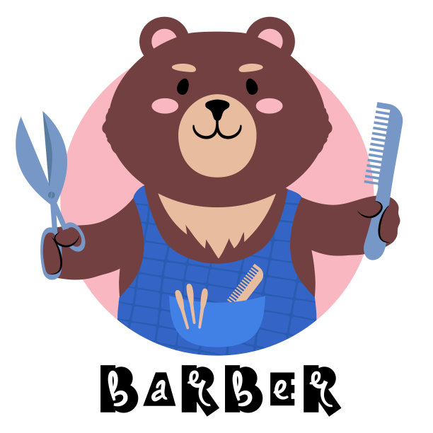 矢量插图的一个可爱的卡通泰迪熊拿着剪刀和梳子签名理发师。图片下载