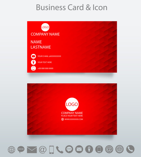 现代创意名片模板和图标。设计与几何形状浮雕红色背景。向量。图片下载