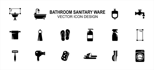 卫浴洁具相关部件矢量图标用户界面图形设计。包含如洗澡盆，浴缸，尿，卫生纸，凉鞋，触发器，液体肥皂，喷雾器，镜子，剃须刀等图标图片下载