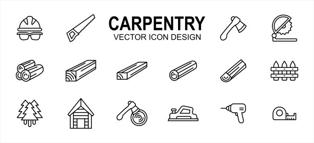 木工木工车间相关矢量图标用户界面图形设计。包含如安全帽，护目镜，锯，斧头，切断机，木材原木，木材，木材，树，钻头等图标图片下载