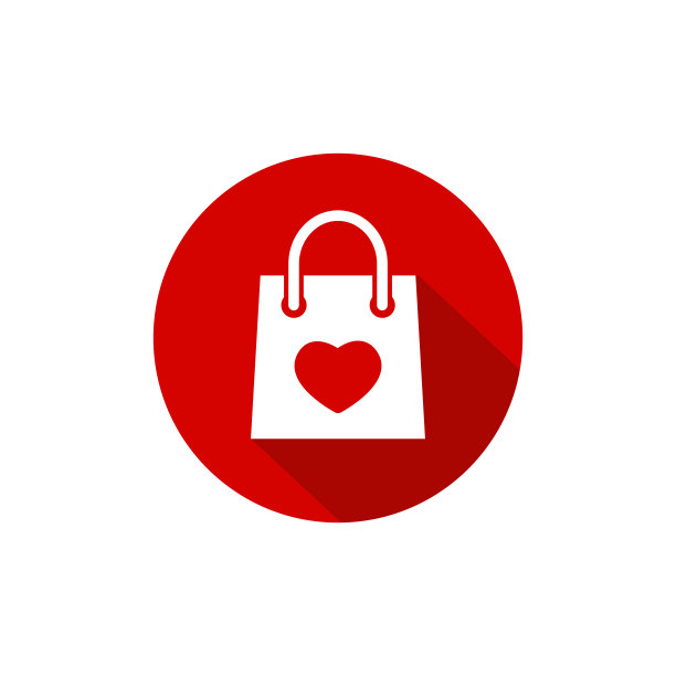 带爱心的红色购物纸袋。平面图标孤立在白色。矢量插图。图片下载