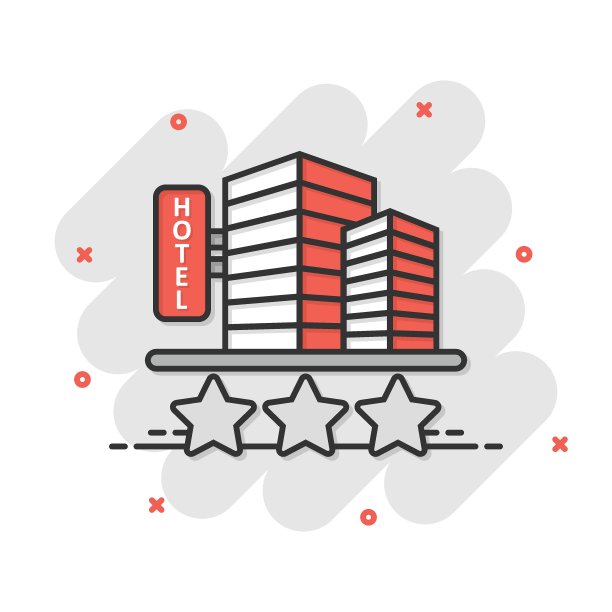 酒店3星级标志的漫画风格图标。客栈建筑卡通矢量插图上白色孤立的背景。酒店客房喷溅效应经营理念。图片下载