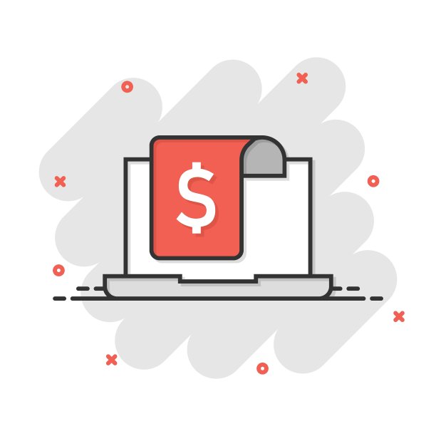 漫画风格的金钱图标笔记本电脑。计算机美元卡通矢量插图在白色孤立的背景。财务监测飞溅效应经营理念。图片下载