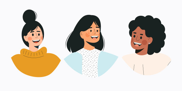 各种各样的女性戴着牙套的肖像。带着牙套的女孩。多文化的年轻女性角色与牙科治疗。微笑的人在平面卡通风格孤立矢量插图图片下载