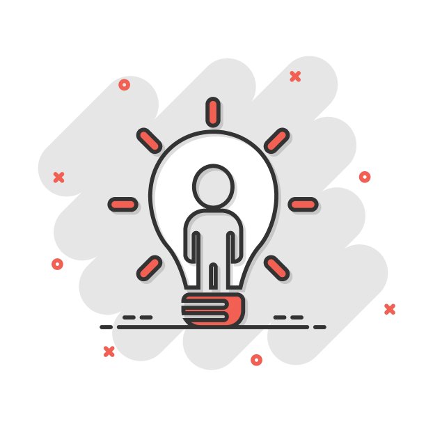 漫画风格的灯泡图标。想法卡通矢量集合插图上白色孤立的背景。脑脑飞溅效应经营理念。图片下载