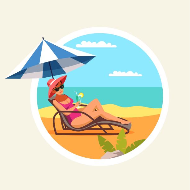 女人放松在海滩平面彩色插图。沙滩伞下的女孩坐在躺椅上。暑假。女性在海上度假卡通人物。孤立的向量图片下载