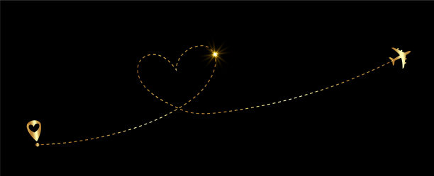 飞机飞行的黄金线心脏标志环图片下载