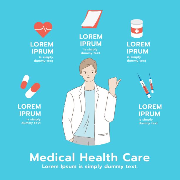 医疗保健信息图上用男医生的大拇指指着空字和医疗用品。图片下载