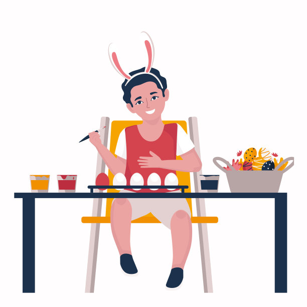 一个男孩坐在桌子旁，戴着兔耳朵，涂着颜料图片下载