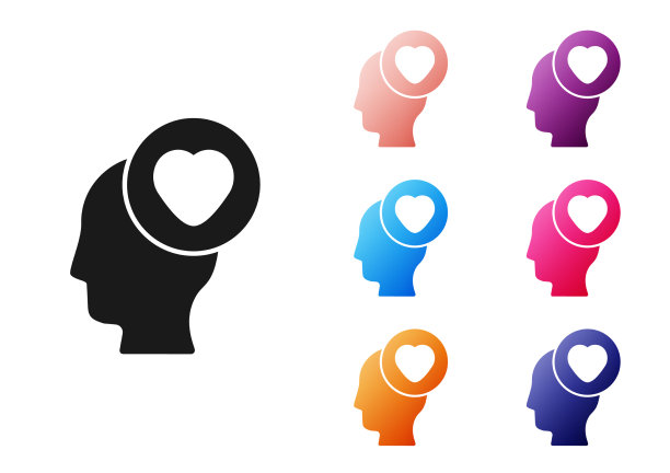 黑色人类头部与心脏图标孤立在白色上图片下载