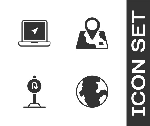 设置地球地球仪，笔记本电脑与位置标记，返回道路标志和折叠地图图标。向量图片下载
