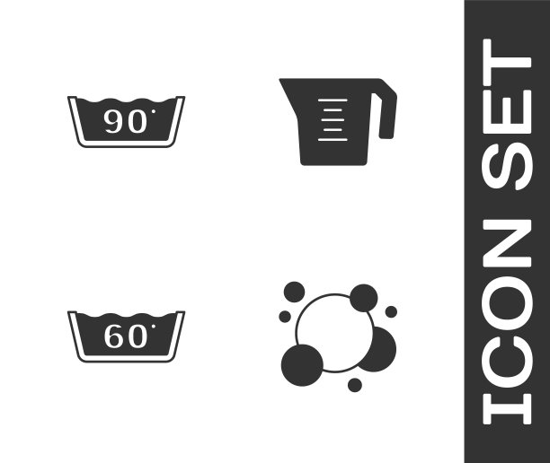 设置肥皂水泡泡，温度洗涤，测量杯图标。向量图片下载