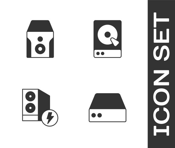 设置服务器、数据、Web主机、不间断电源、机箱和硬盘驱动器HDD图标。向量图片下载